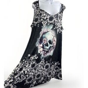 Gothic Skull Floral V-Neck Tank Knee-Length Dress Black White Plus Size 3XL